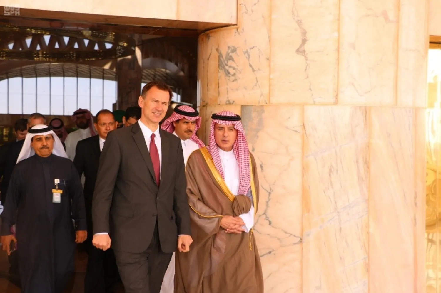 British Foreign Secretary Jeremy Hunt meets Saudi State Minister for Foreign Affairs Adel al-Jubeir in Saudi Arabia on March 2, 2019. (SPA)