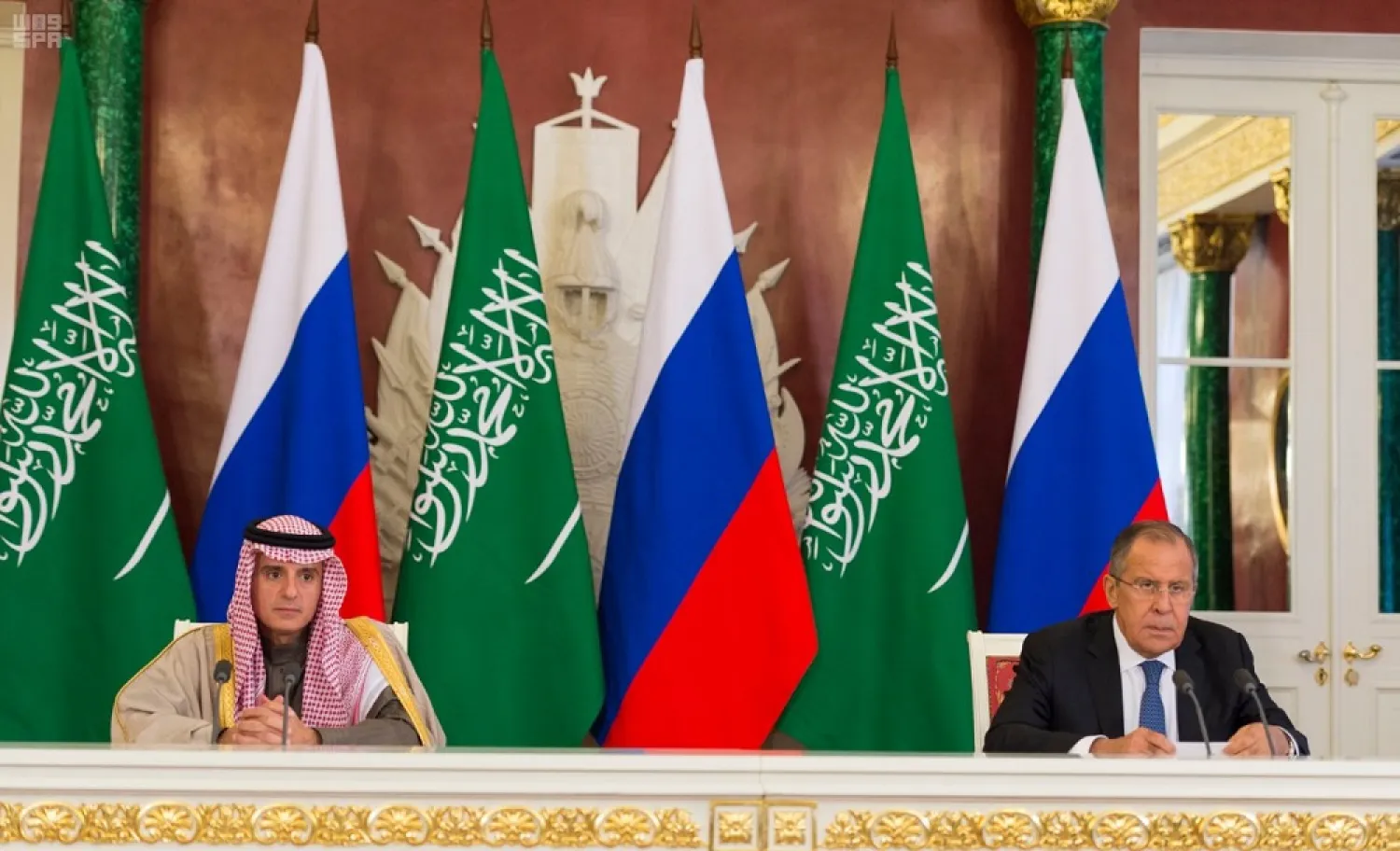 Saudi State Minister for Foreign Affairs Adel al-Jubeir meets Russian FM Sergei Lavrov in Moscow in 2017. (SPA)