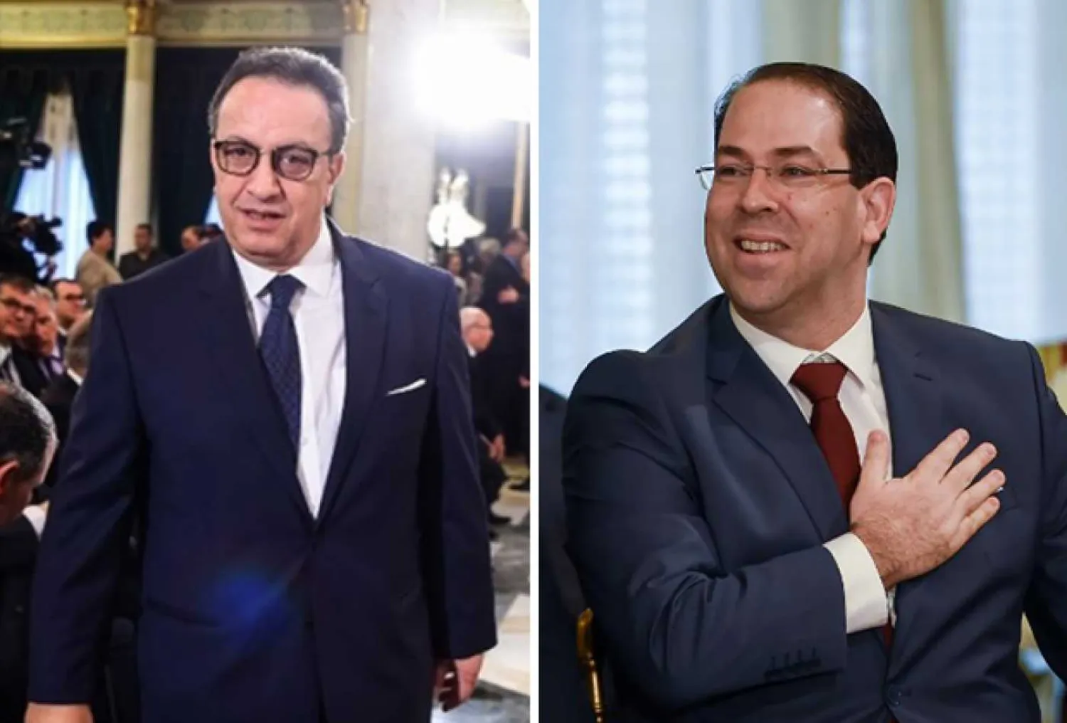 Hafez Caid Essebsi, Nidaa Tounes' executive director, and Tunisian Prime Minister Youssef Chahed (AFP)
