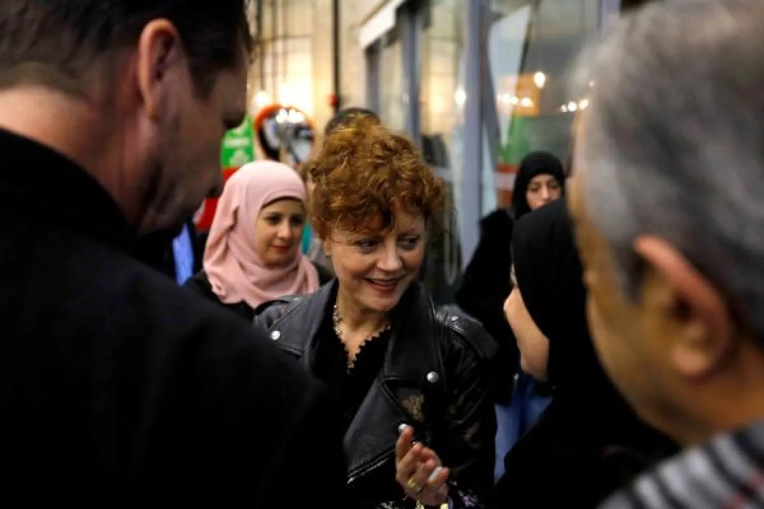 US actress and producer of the movie Soufra Susan Sarandon (L) talks with social entrepreneur and documentary's character Mariam Shaar prior to attend a screening of the film in Beirut on March 4, 2019. (AFP)