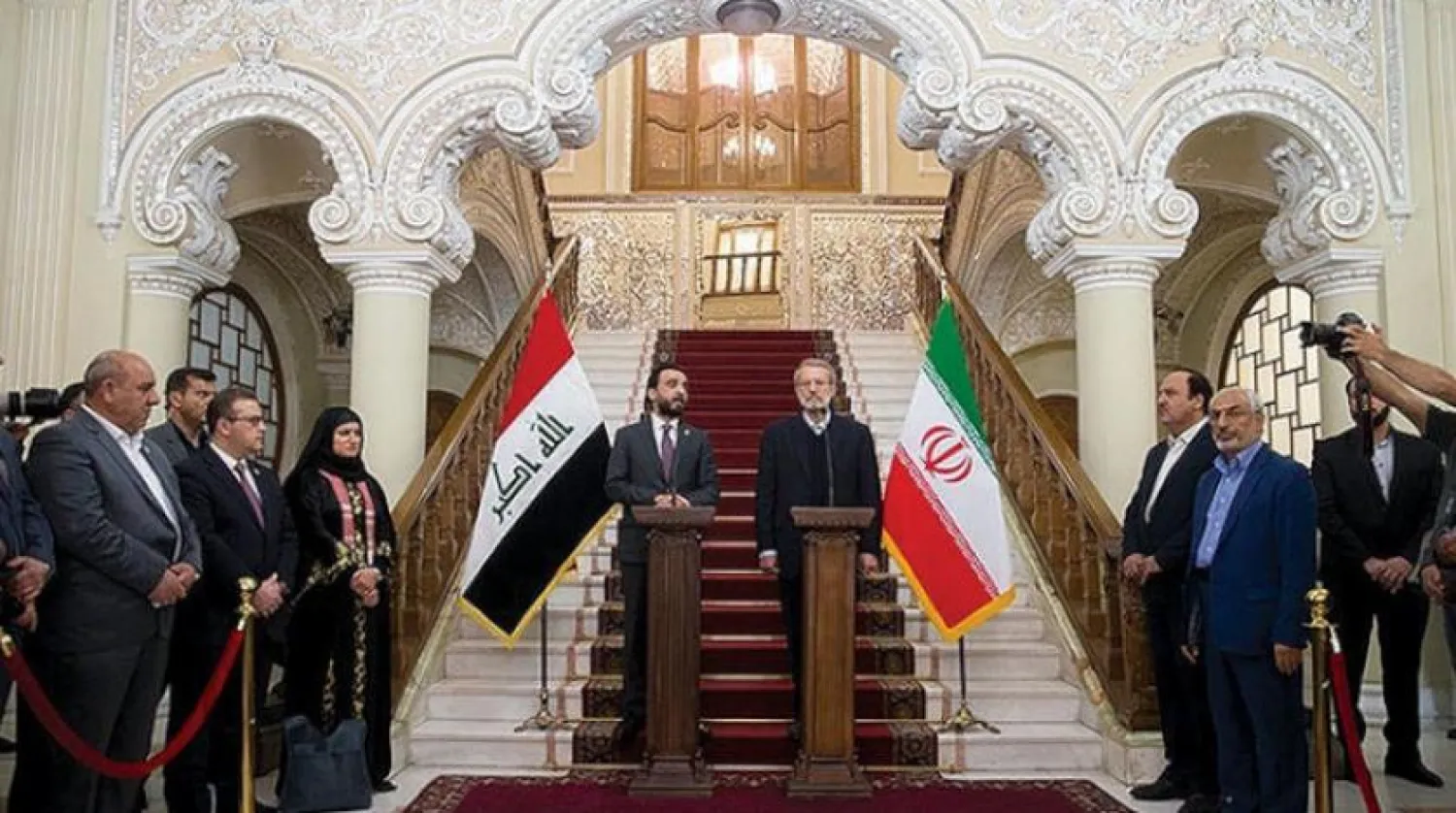 Iraq’s parliament speaker, Mohamed Halbousi, holds a joint news conference with the President of the Iranian Shura Council Ali Larijani (Tasnim news agency).

 