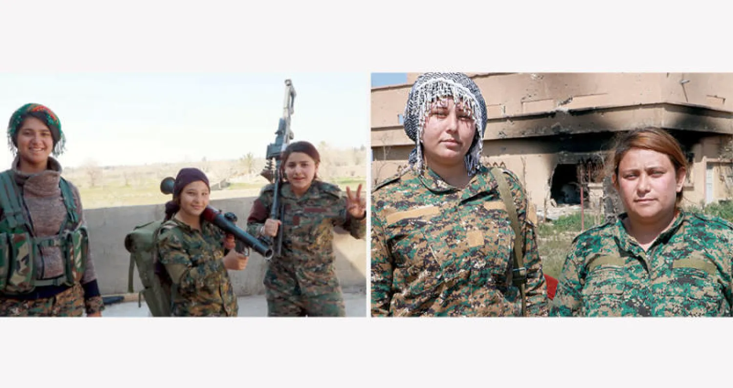 ليلوى العبد الله (يمين) المتحدثة باسم «عاصفة الجزيرة» والمقاتلة ميساء - مقاتلات على الجبهة ضد «داعش» في بلدة الباغوز (الشرق الأوسط)