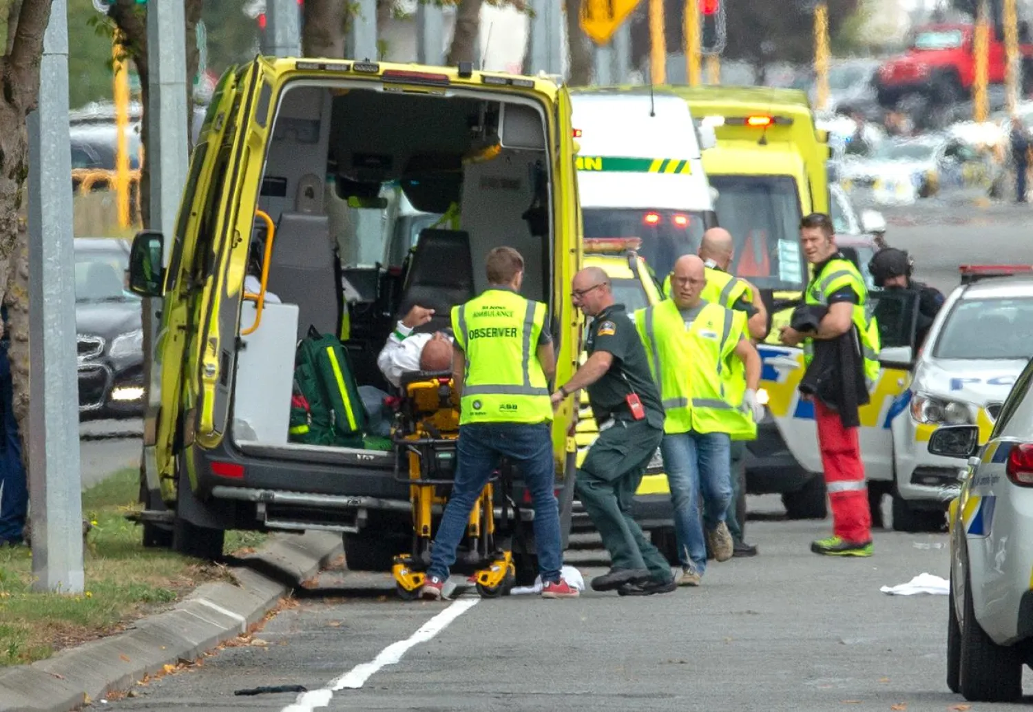 An injured person is loaded into an ambulance following a shooting at the Al Noor mosque in Christchurch, New Zealand, March 15, 2019. Reuters