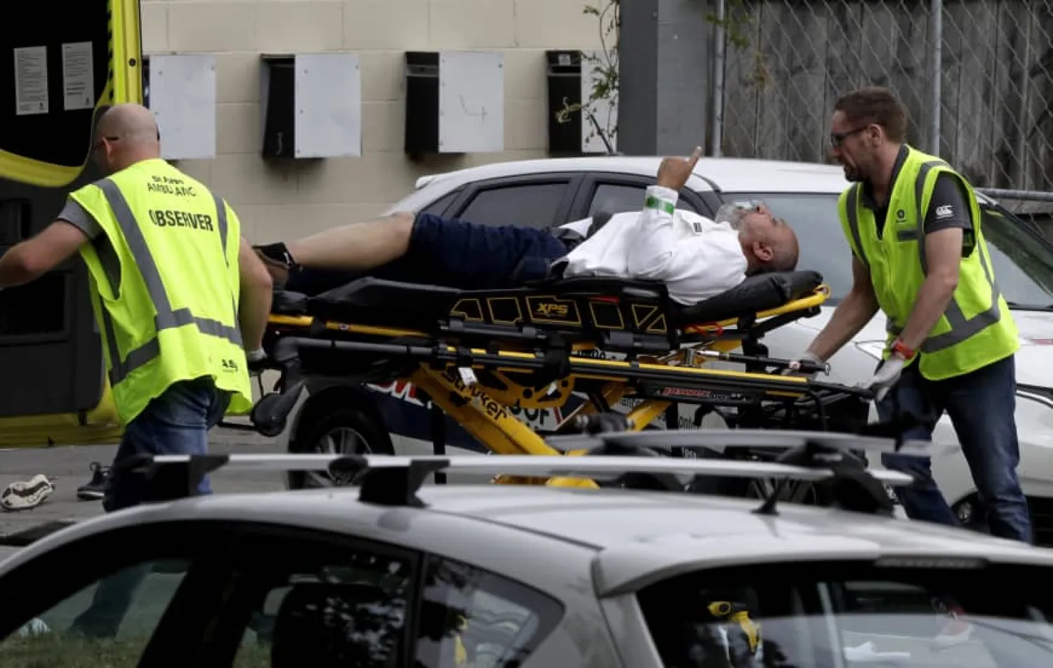 A victim taken to hospital following the mosque shooting in Christchurch. AFP