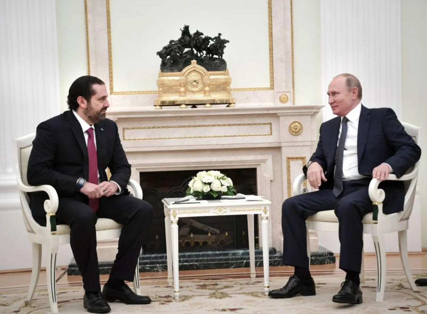 Russian President Vladimir Putin (R) meets with Lebanese Prime Minister Saad Hariri at the Kremlin in Moscow, on June 13, 2018. (Reuters)