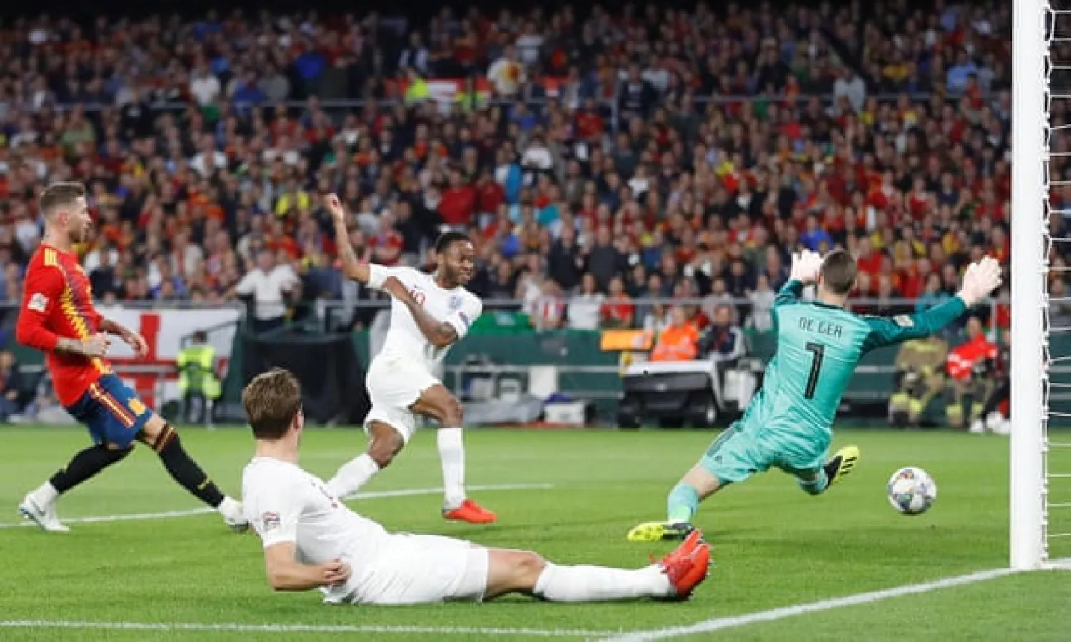  Raheem Sterling scores his second and England’s third goal past Spain’s David de Gea in their 3-2 victory in the Nations League in October. Photograph: Carl Recine/Action Images via Reuters

