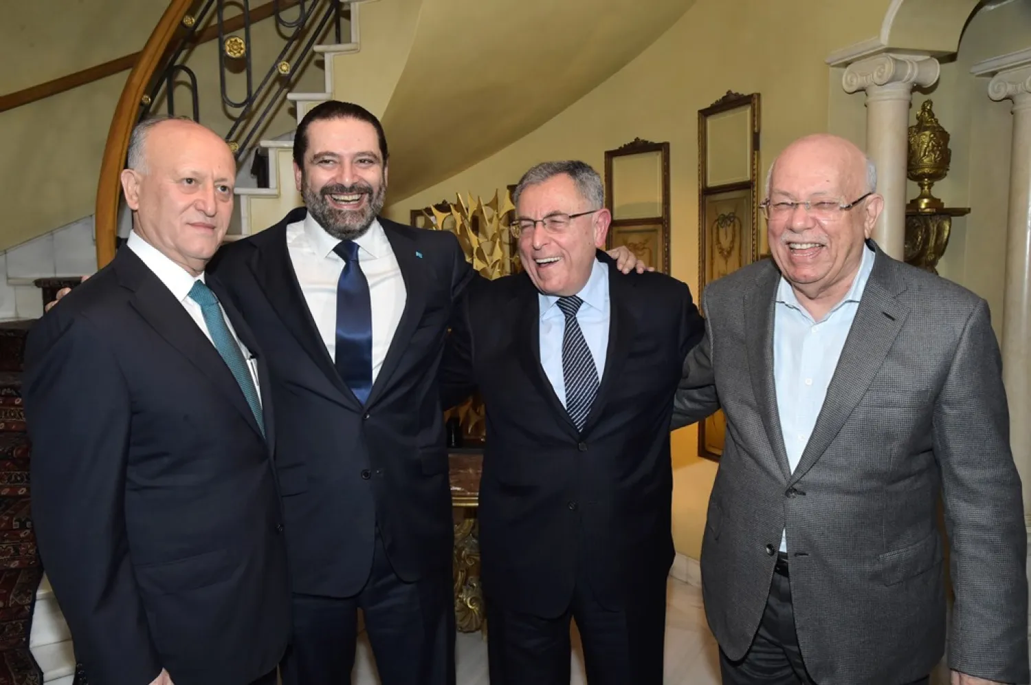(From left to right) Former minister Ashraf Rifi, Prime Minister Saad Hariri, former PM Fouad Siniora and former minister Rashid Derbas meet at Siniora’s residence last week. (NNA)