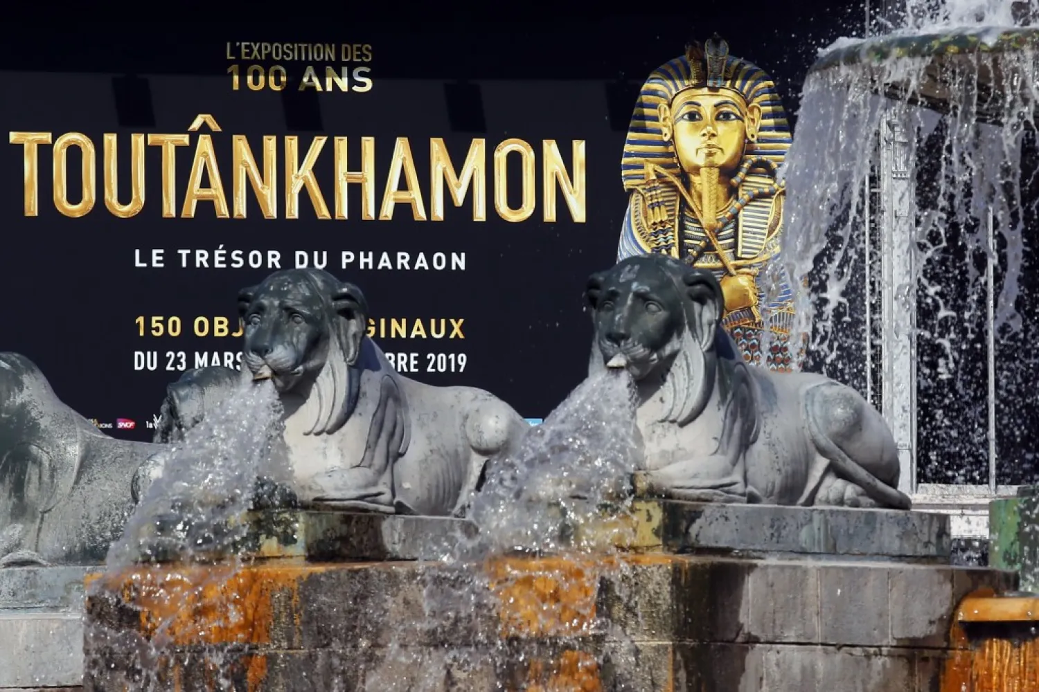 The entrance placard of 'Tutankhamun, the treasure of the Pharaoh', an exhibition in partnership with the Grand Egyptian Museum at the Grande Halle of La Villette in Paris, France, Thursday, March 21, 2019. (AP Photo/Francois Mori)