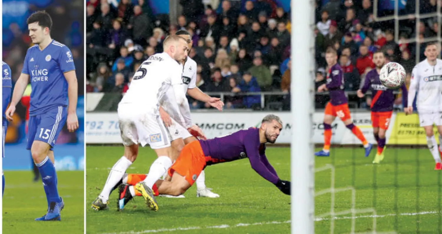 أغويرو (على الأرض) يسجل هدف فوز سيتي في مرمى سوانزي من تسلل لم يدركه الحكام  -  مغواير مدافع ليستر خرج مطروداً بعد 4 دقائق أمام بيرنلي