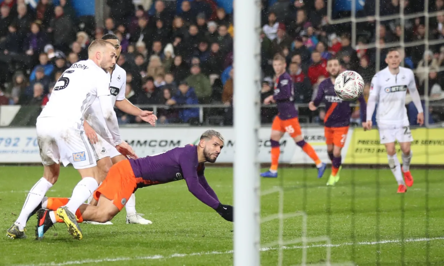 Sergio Agüero scores Manchester City’s late winner in the FA Cup tie at Swansea on Saturday. In hindsight it appears VAR would have disallowed the goal for a marginal offside call. Photograph: Nick Potts/PA