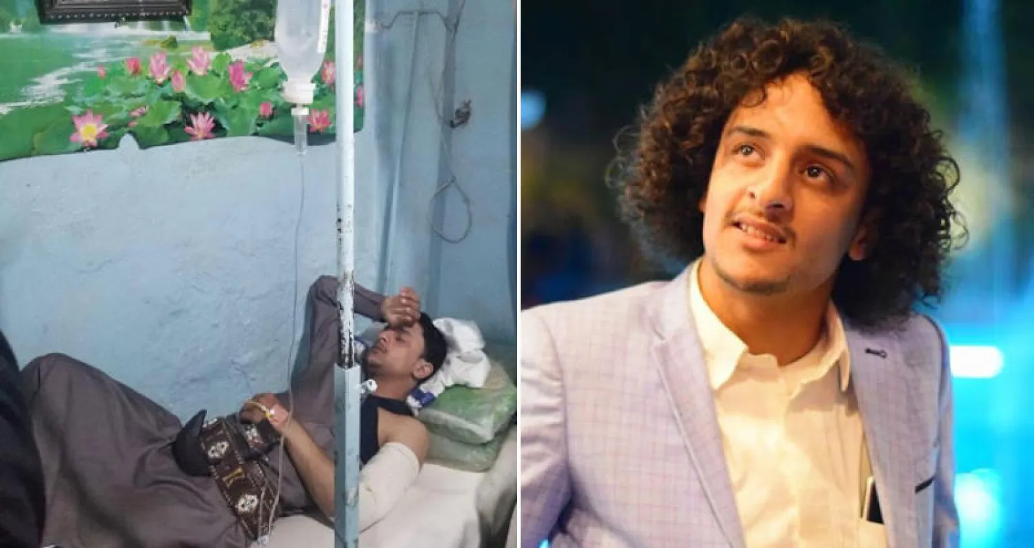 الفنان ملاطف الحميدي قبل أن يحلق الحوثيون شعره (فيسبوك) وبعد الاعتداء عليه في صورة متداولة في وسائل التواصل الاجتماعي