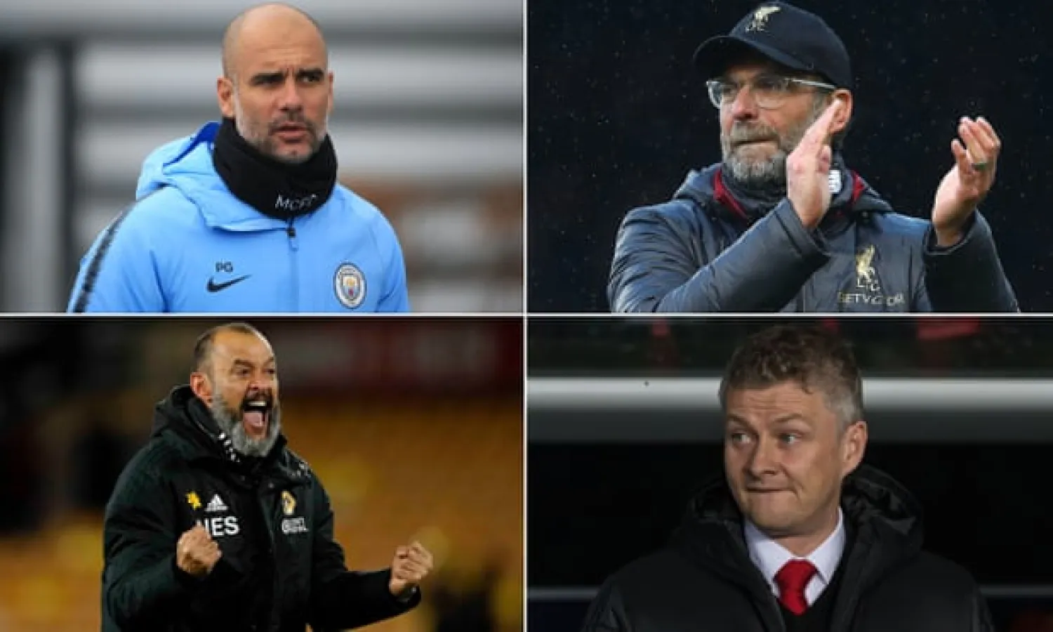  (Clockwise from top left) Pep Guardiola, Jürgen Klopp, Ole Gunnar Solskjær and Nuno Espírito Santo. Composite: Getty Images, Rex/Shutterstock

