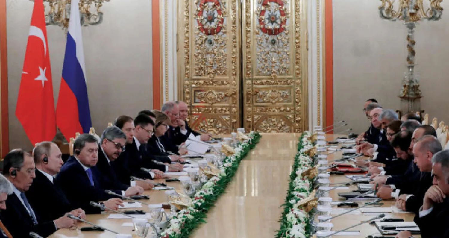 جانب من اجتماع مجلس التعاون الروسي - التركي الذي عقد في الكرملين بمشاركة بوتين وإردوغان أمس (إ.ب.أ)