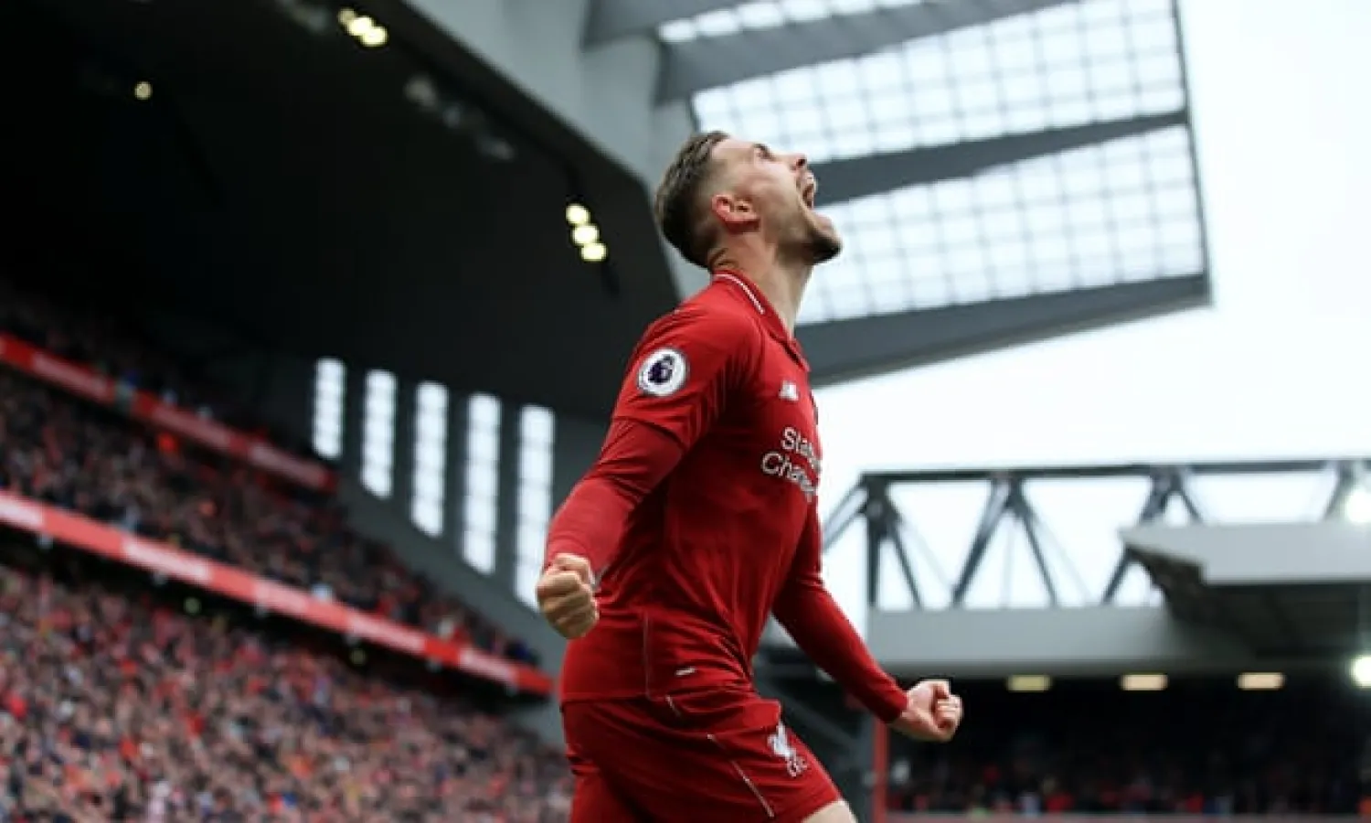  Jordan Henderson played a key part in Liverpool’s first goal in the crucial win over Chelsea on Sunday. Photograph: Matt West/BPI/REX/Shutterstock

