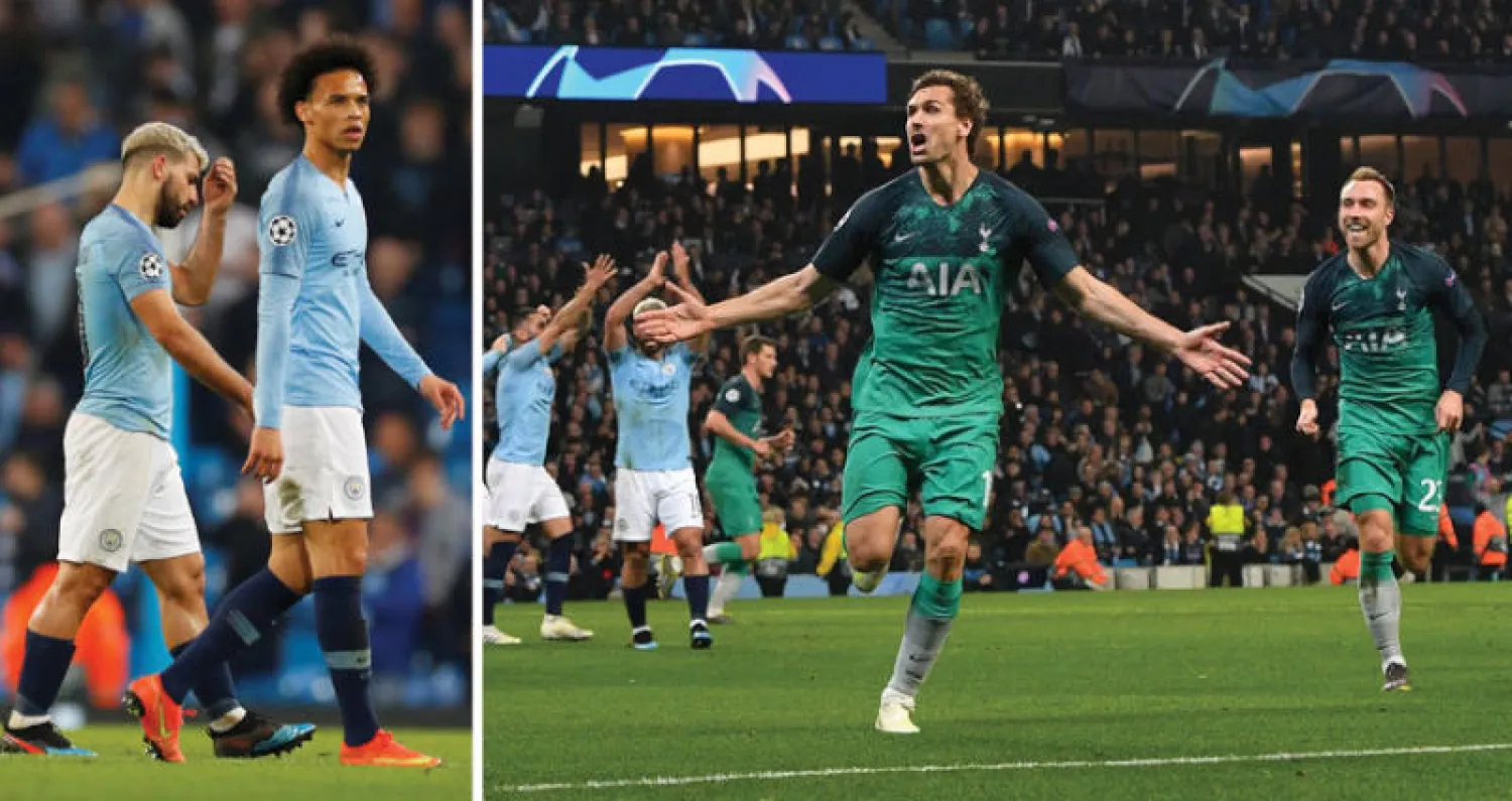 أفراح توتنهام بعد التأهل لنصف نهائي دوري الأبطال (أ.ف.ب)  -  أحزان سيتي بعد تبخر حلم الرباعية (رويترز)