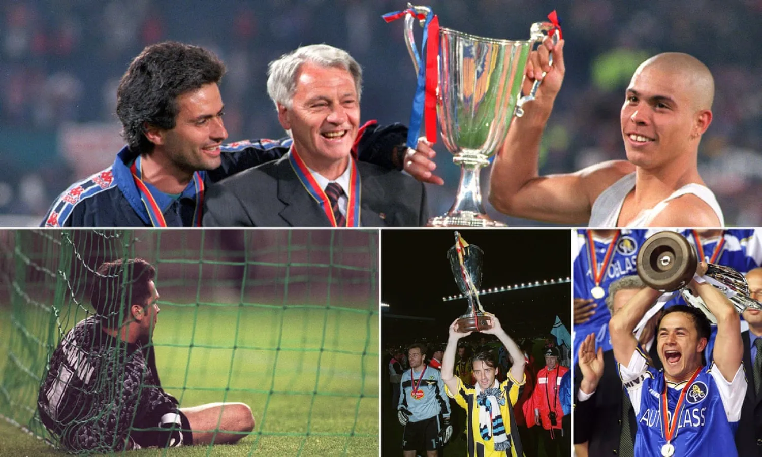  Bobby Robson, José Mourinho and Ronaldo in 1997; David Seaman reflects on Nayim’s goal in 1995; Roberto Mancini triumphs with Lazio in 1999; and Dennis Wise celebrates Chelsea’s victory in 1998. Composite: Getty, Colorsport/Rex/Shutterstock, Reuters, Sportsphoto
