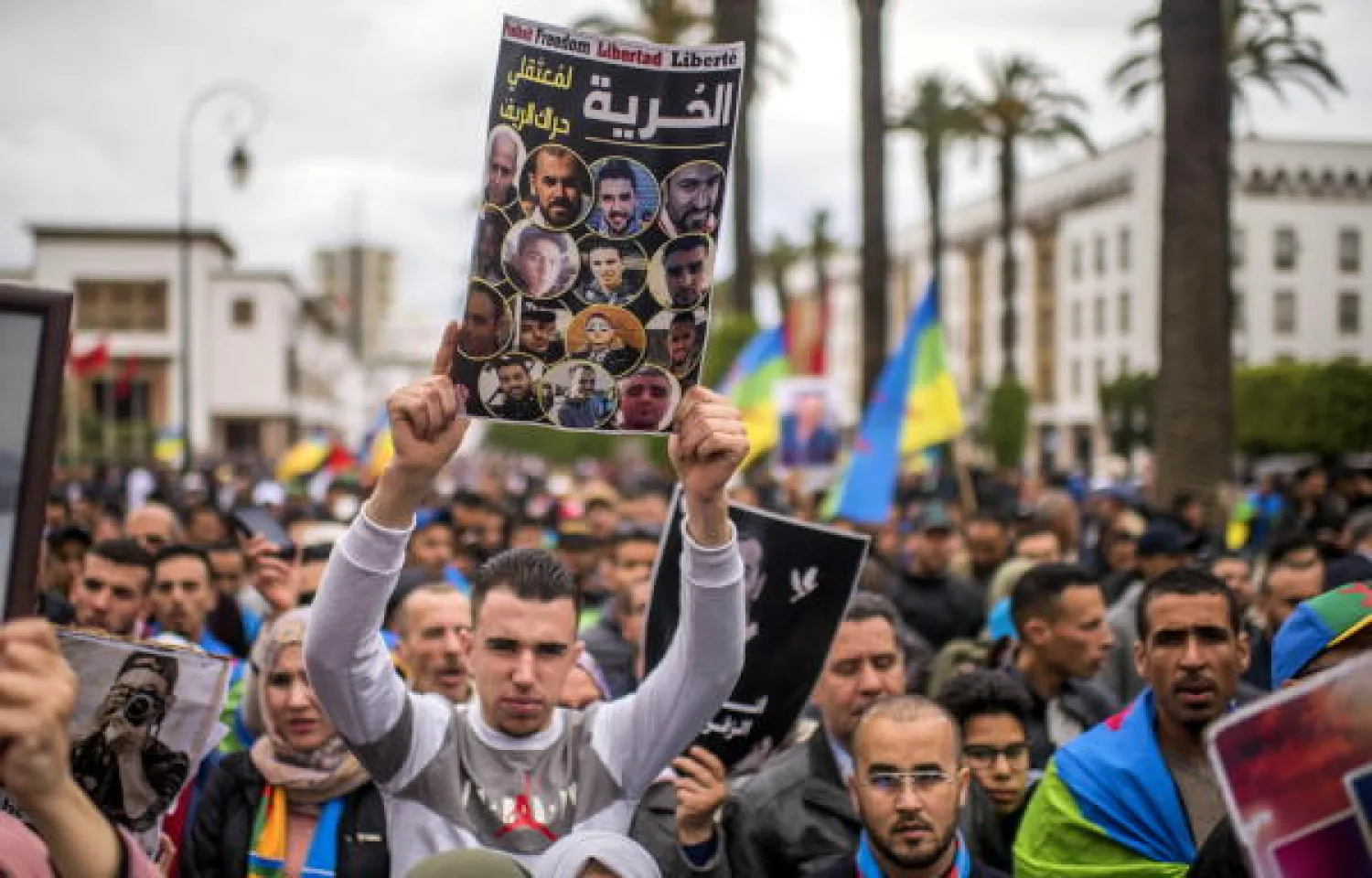  A Moroccan protester holds a banner reading in Arabic 'freedom for Hirak Rif detainees' during a protest against prison sentences given to activists in Rabat, Morocco, 21 April 2019. EPA/JALAL MORCHIDI