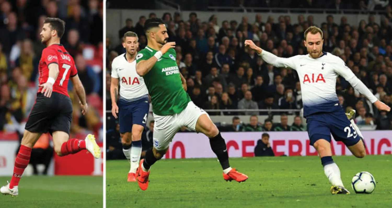 إريكسن (يمين) يصوب نحو مرمى برايتون ليحرز هدف الإنقاذ لتوتنهام (رويترز)  -  لونغ يحتفل بعد تسجيل أسرع هدف في تاريخ الدوري الإنجليزي (رويترز)