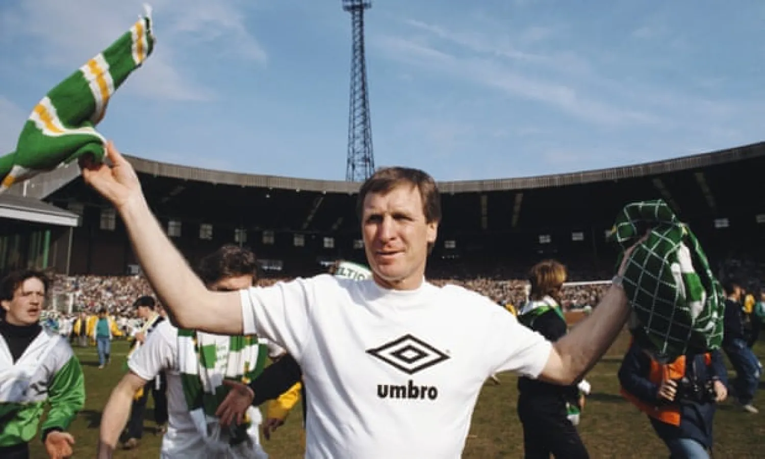  Billy McNeill, pictured celebrating the Scottish league title in 1988, played for Celtic 822 times and also won eight trophies across two spells as the club’s manager. Photograph: Getty Images
