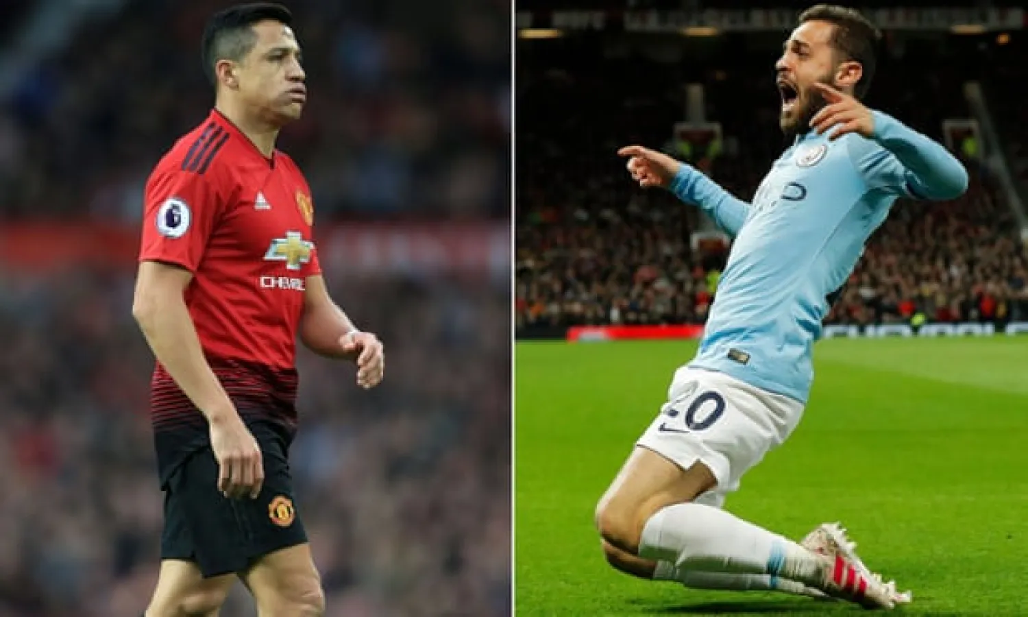  While Alexis Sánchez had only one touch after coming on as a substitute for Manchester United on Wednesday, Bernardo Silva flourished for City. Composite: Offside via Getty Images and Tom Jenkins/The Guardian
