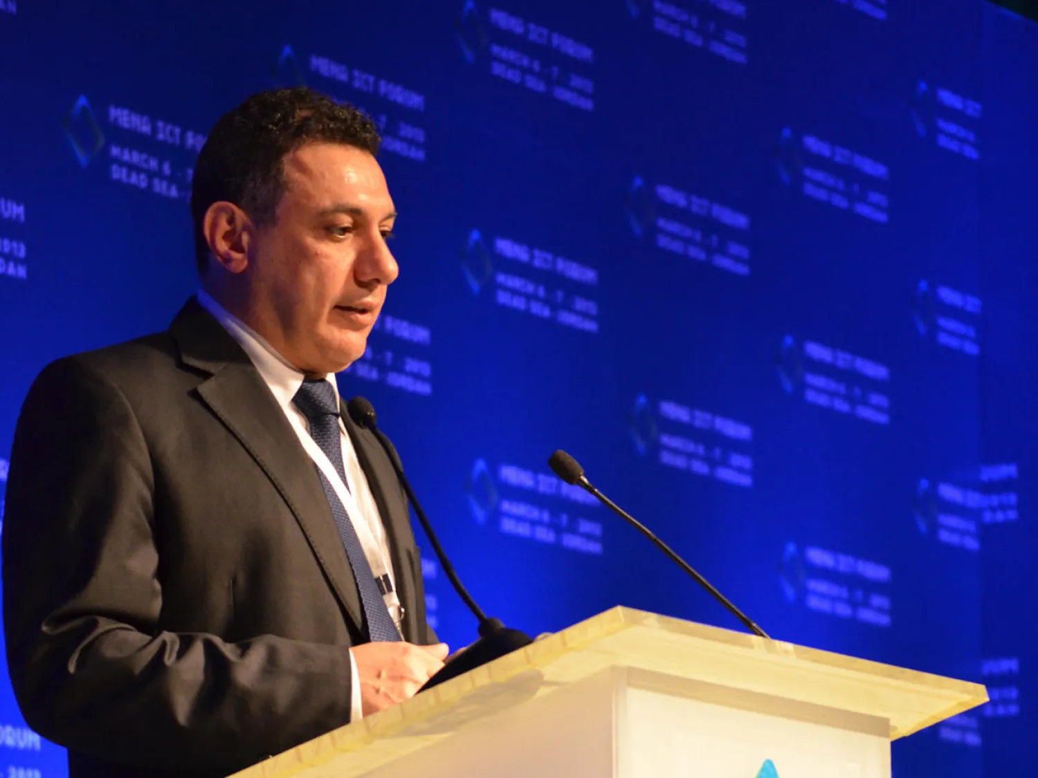  Nizar Zakka delivering a speech during the MENA ICT Forum conference in Jordan in March 2013. (AP)