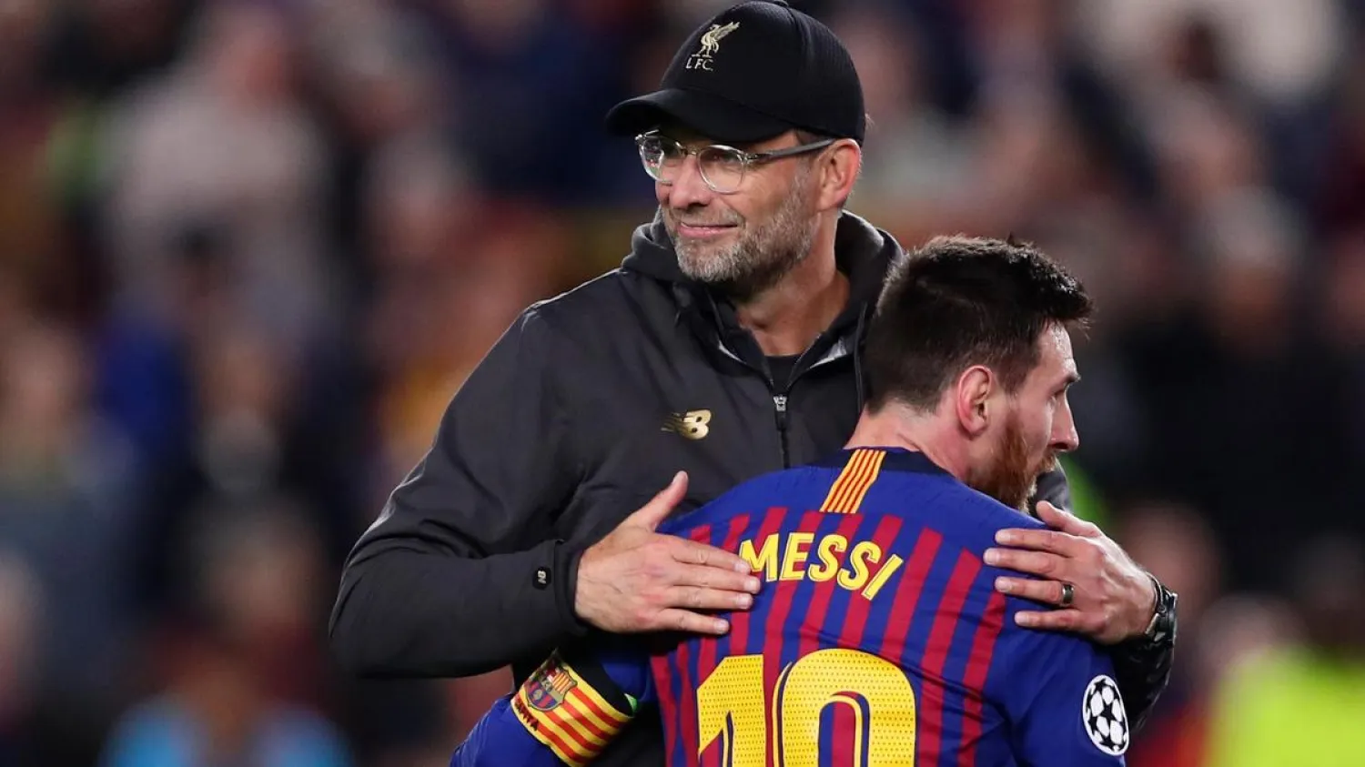 Barcelona's Lionel Messi is congratulated by Liverpool manager Jurgen Klopp after the defeat at the Camp Nou on Wednesday. (AP)