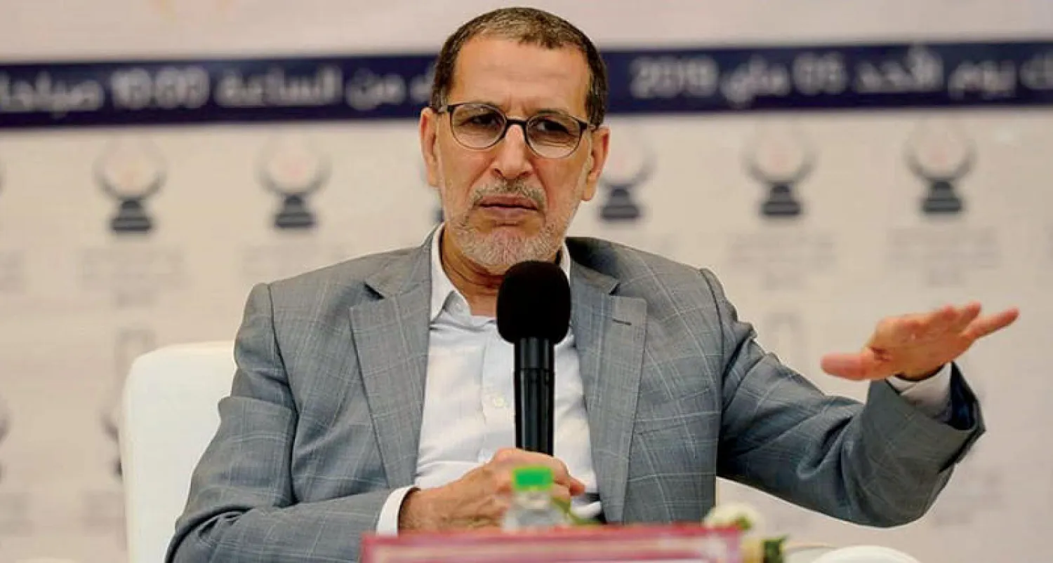 سعد الدين العثماني الأمين العام لحزب «العدالة والتنمية» رئيس الحكومة المغربية يتحدث في اللقاء الحزبي أمس