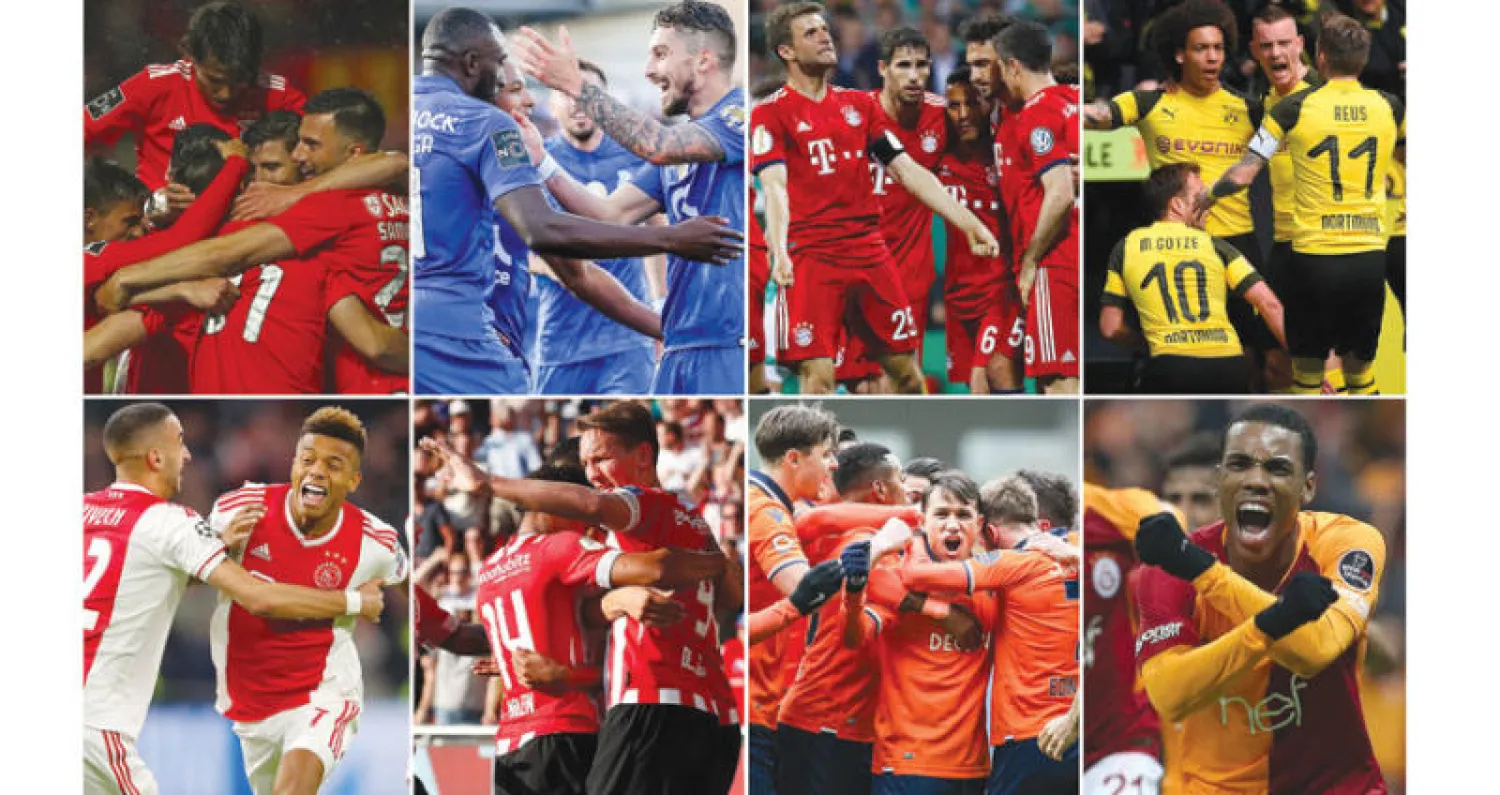 من أعلى اليمين... دورتموند وبايرن ميونيخ ثم بورتو وبنفيكا... وغلاطة سراي وباشاك شهير وإيندهوفن وأياكس