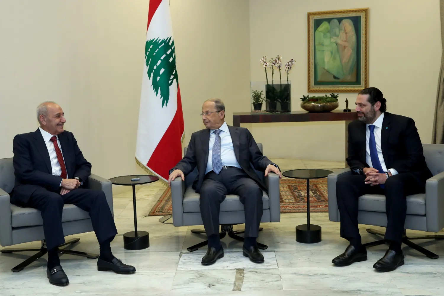   President Michel Aoun meets with Speaker Nabih Berri and Prime Minister Saad Hariri at the Baabda Palace on Monday (Dalati & Nohra)
