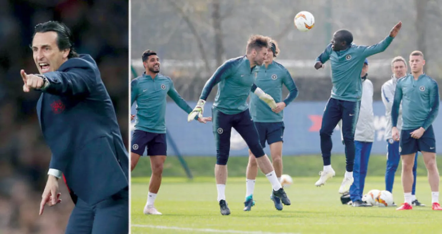 لاعبو تشيلسي خلال التدريبات قبل مواجهة الإياب أمام آينتراخت فرانكفورت (رويترز)  -  إيمري مدرب آرسنال يدرك أن لقب «يوروبا ليغ» أمله الوحيد للتأهل لدوري الأبطال (رويترز)