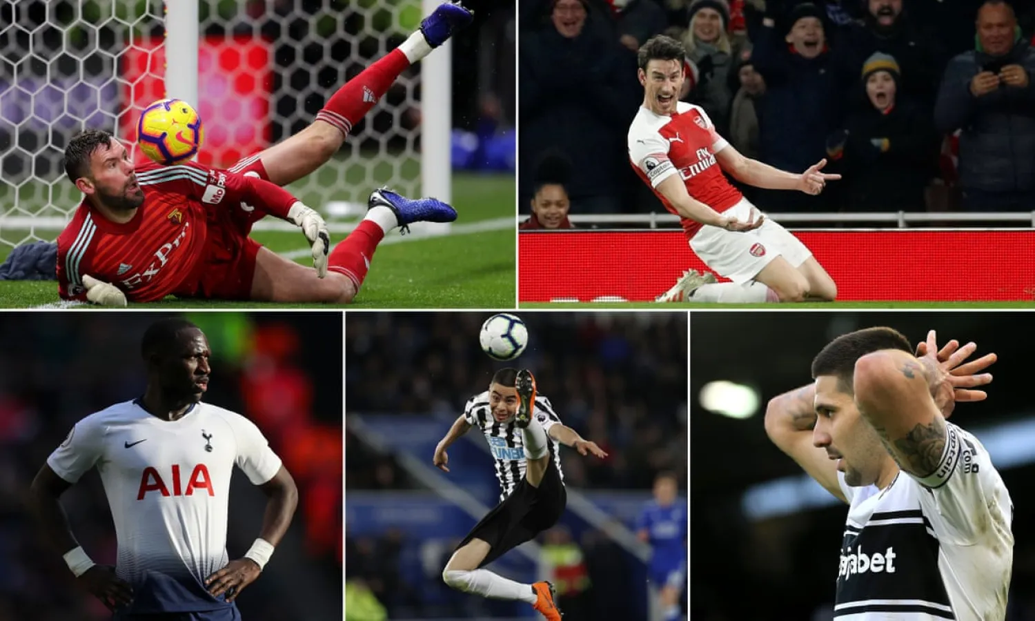 Clockwise from top left: Ben Foster, Laurent Koscielny, Aleksandar Mitrovic, Miguel Almirón and Moussa Sissoko all make the team. Composite: Getty Images; Action Images via Reuters; BPI/Rex/Shutterstock; AFP/Getty Images