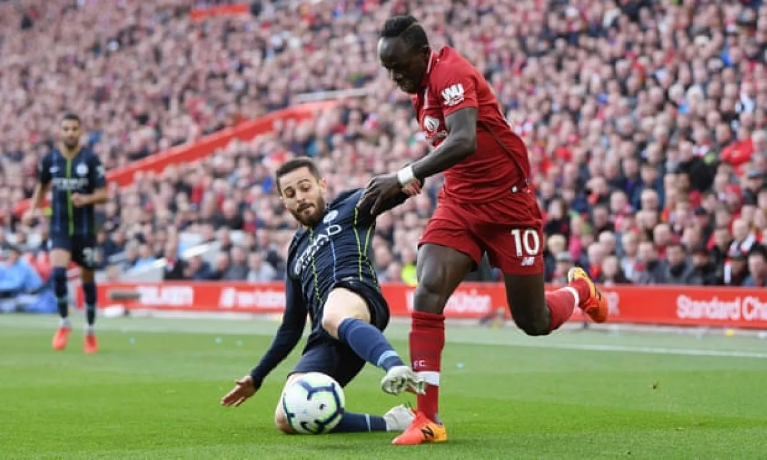  Bernardo Silva tackles Sadio Mané during the 0-0 draw at Anfield in October. The versatile Portuguese midfielder was a key player for Guardiola this season. Photograph: Laurence Griffiths/Getty Images
