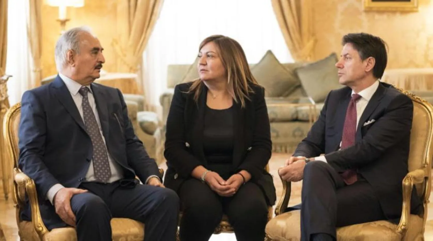 A handout photo made available by the Chigi Palace Press Office shows Italian Prime Minister Giuseppe Conte (R) meeting with LNA leader Khalifa Haftar (L) in his office at the Chigi Palace in Rome, Italy, 16 May 2019. EPA/FILIPPO ATTILI 