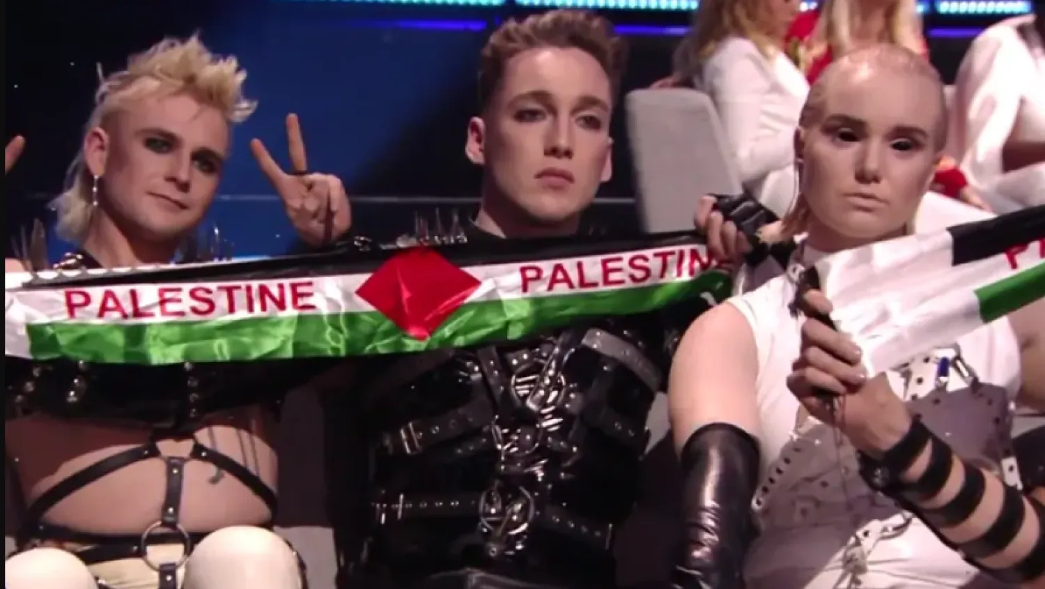 Iceland's Hatari unveils "Palestine" banners on camera whilst receiving their score, Eurovision 2019. (photo credit: SCREENSHOT/KAN)