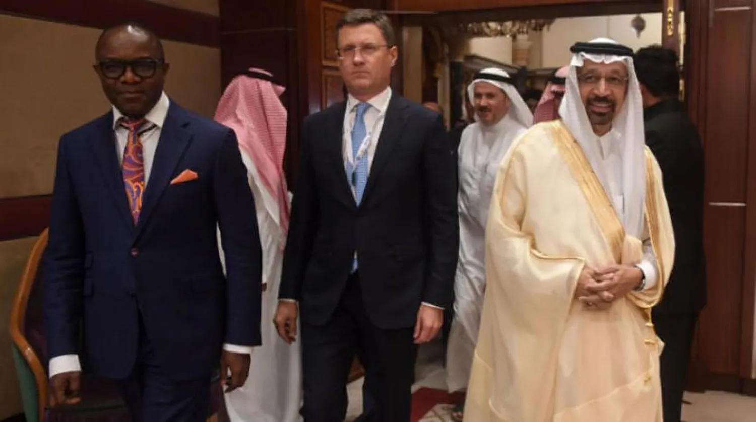 The Saudi energy minister with his Russian and Nigerian counterparts in Jeddah on Sunday. AFP 