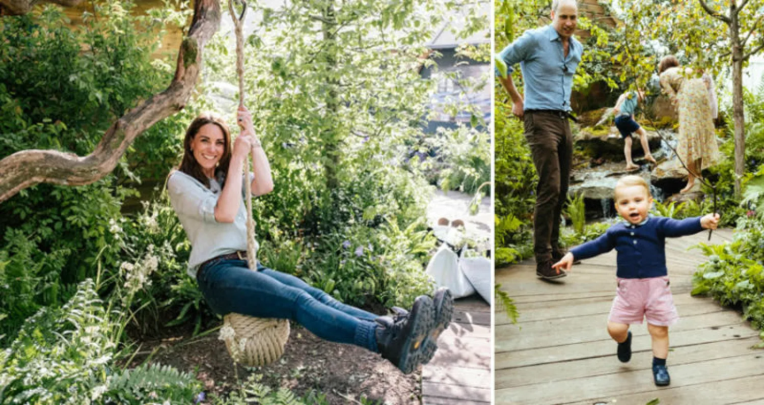 الأمير ويليام وكيت وأطفالهما جورج وشارلوت ولويس (أ.ب)  -  كيت دوقة كمبريدج تتمرجح في الحديقة (أ.ب)