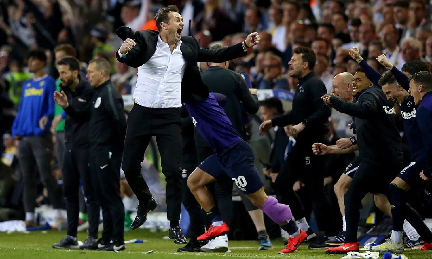 Derby manager Frank Lampard leads the celebrations as his side pipped Leeds to a place in the play-off final. (Getty Images)
