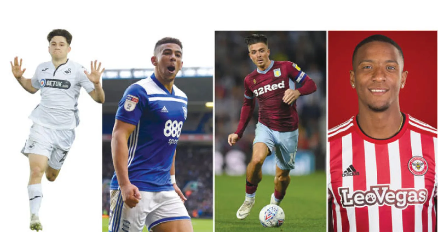 (من اليمين) كونسا نجم منتخب الشباب وفريق برنتفورد... وجاك غريليش لاعب أستون فيلا... وتشي آدامز ركيزة برمنغهام ... وجيمس جناح سوانزي السريع محط أنظار مانشستر يونايتد