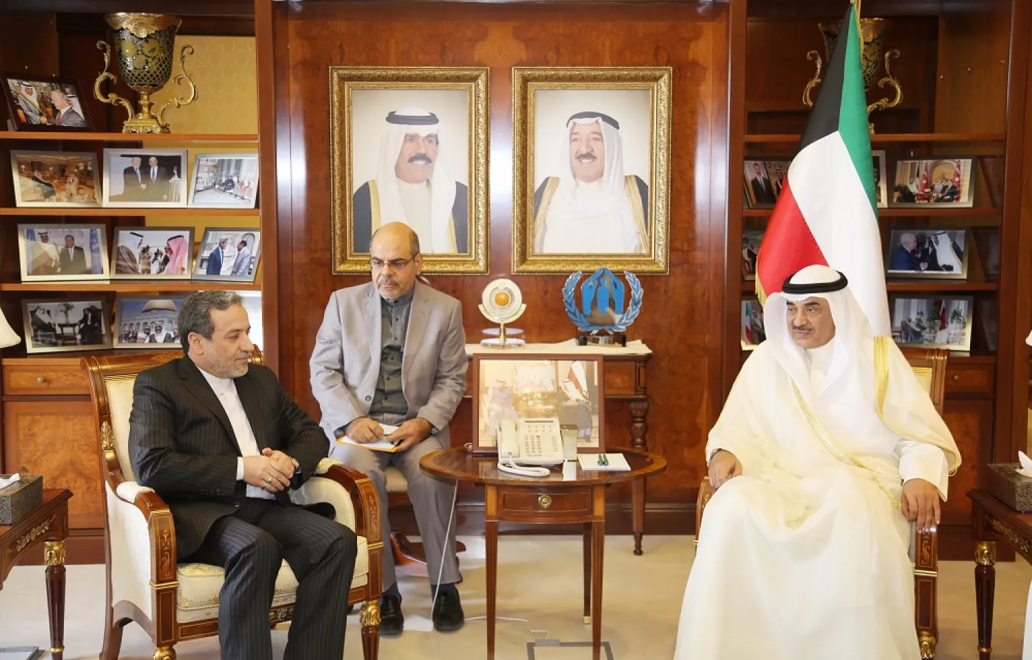 Kuwaiti Deputy Prime Minister and Foreign Minister Sheikh Sabah Khaled Al-Hamad Al-Sabah meets with Iranian Deputy Foreign Minister Abbas Araqchi. (KUNA)