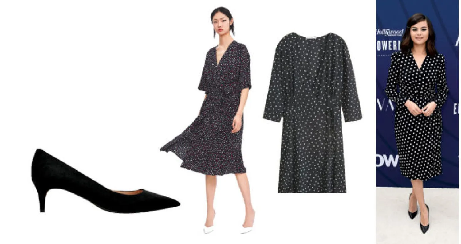 سيلينا غوميز وفستان من «سيلين»  -  فستان مشابه من «مانجو»  -  فستان من «زارا» بـ20 جنيهاً إسترلينياً  -  حذاء من «مانجو»