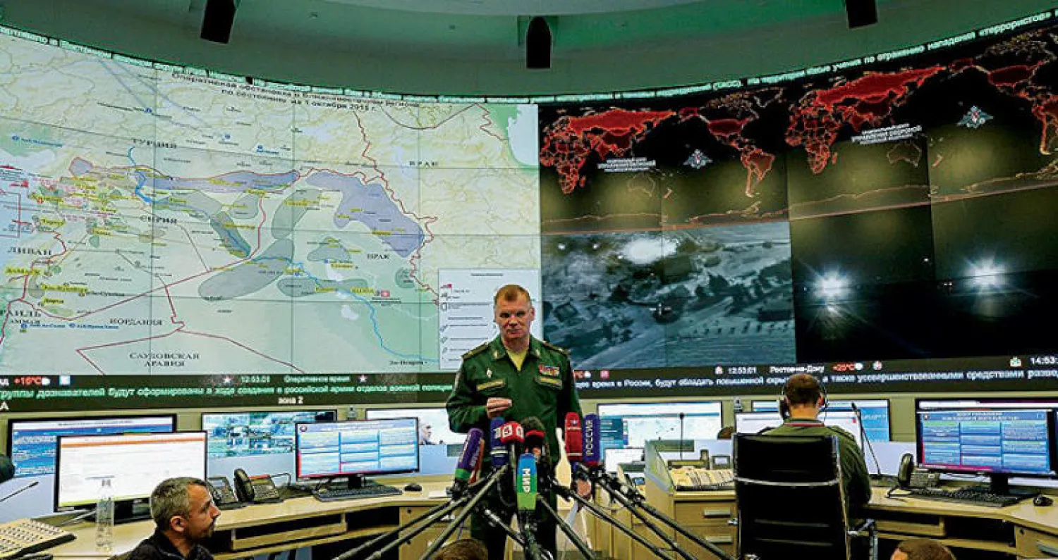 الجنرال إيغر كوناشينكوف الناطق الرسمي باسم وزارة الدفاع الروسية في إيجاز حول سوريا أبريل 2018 (الشرق الأوسط)