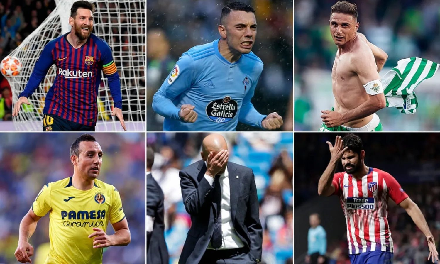 Clockwise from top left: Lionel Messi, Iago Aspas, Joaquín, Diego Costa, Zinedine Zidane and Santi Cazorla. Composite: Getty Images
