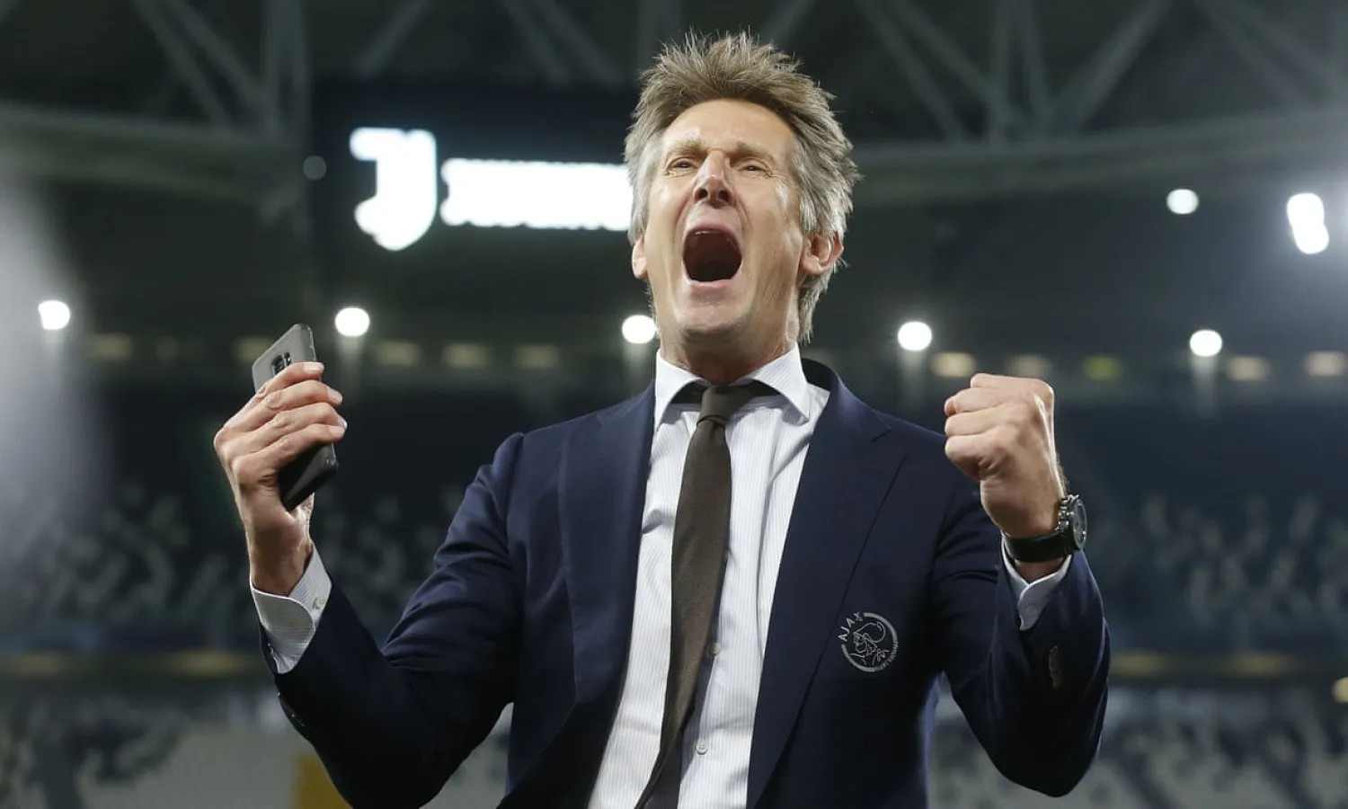 Edwin van der Sar celebrates after the win at Juventus that helped vindicate the approach he and Ajax have taken. Photograph: Hollandse Hoogte/Rex/Shutterstock