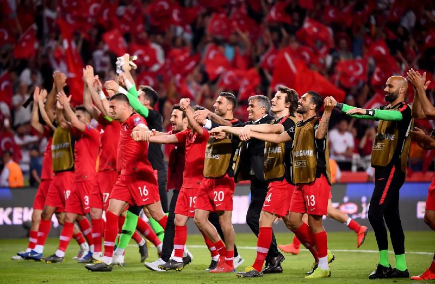 من احتفالات المنتخب التركي بعد الفوز على منتخب فرنسا (أ. ف. ب)