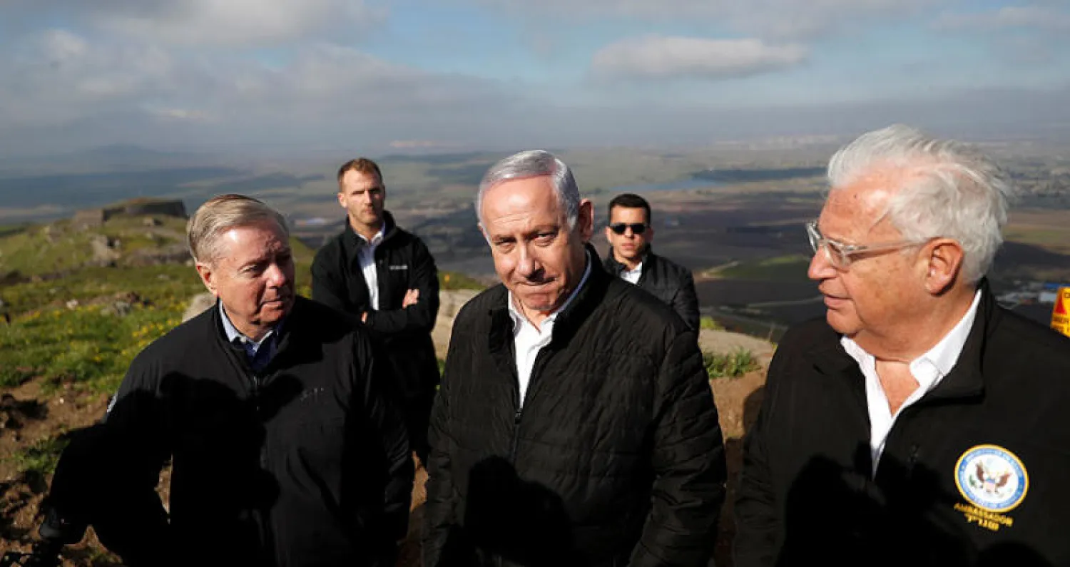 زيارة عضو الكونغرس ليندسي غراهام للجولان المحتل في مارس الماضي رفقة نتنياهو وفريدمان (رويترز)