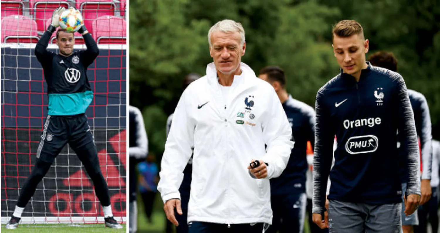 ديشامب مدرب فرنسا غاضب من مستوى لاعبيه وطالب برد فعل أمام أندورا اليوم (أ.ف.ب)  -  نوير يعود لحراسة مرمى ألمانيا اليوم