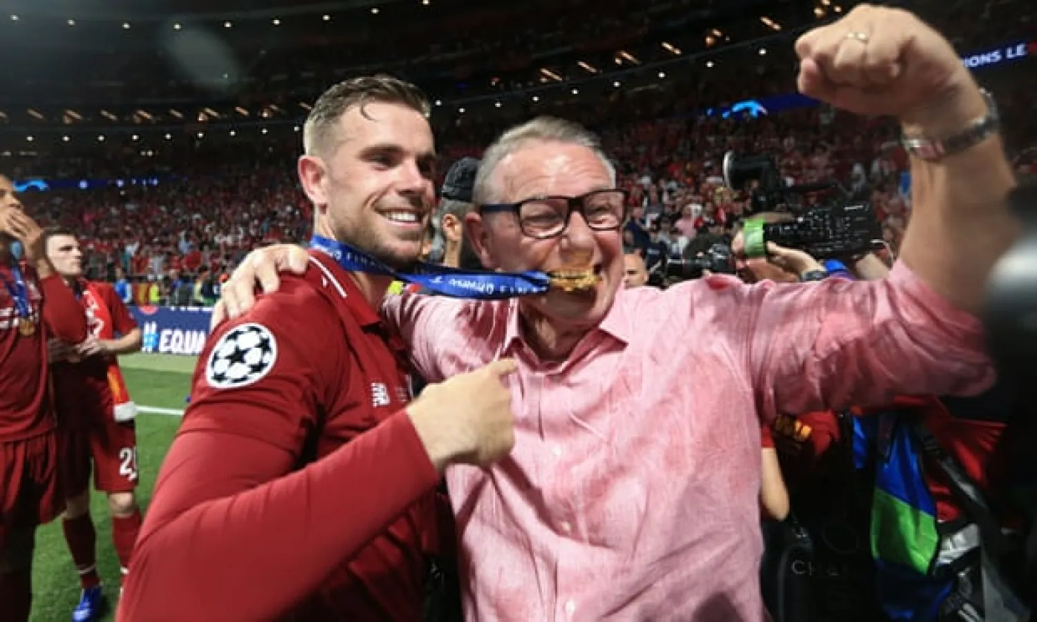  Jordan Henderson hugs his father Brian after Liverpool’s Champions League triumph. Photograph: BPI/Rex/Shutterstock
