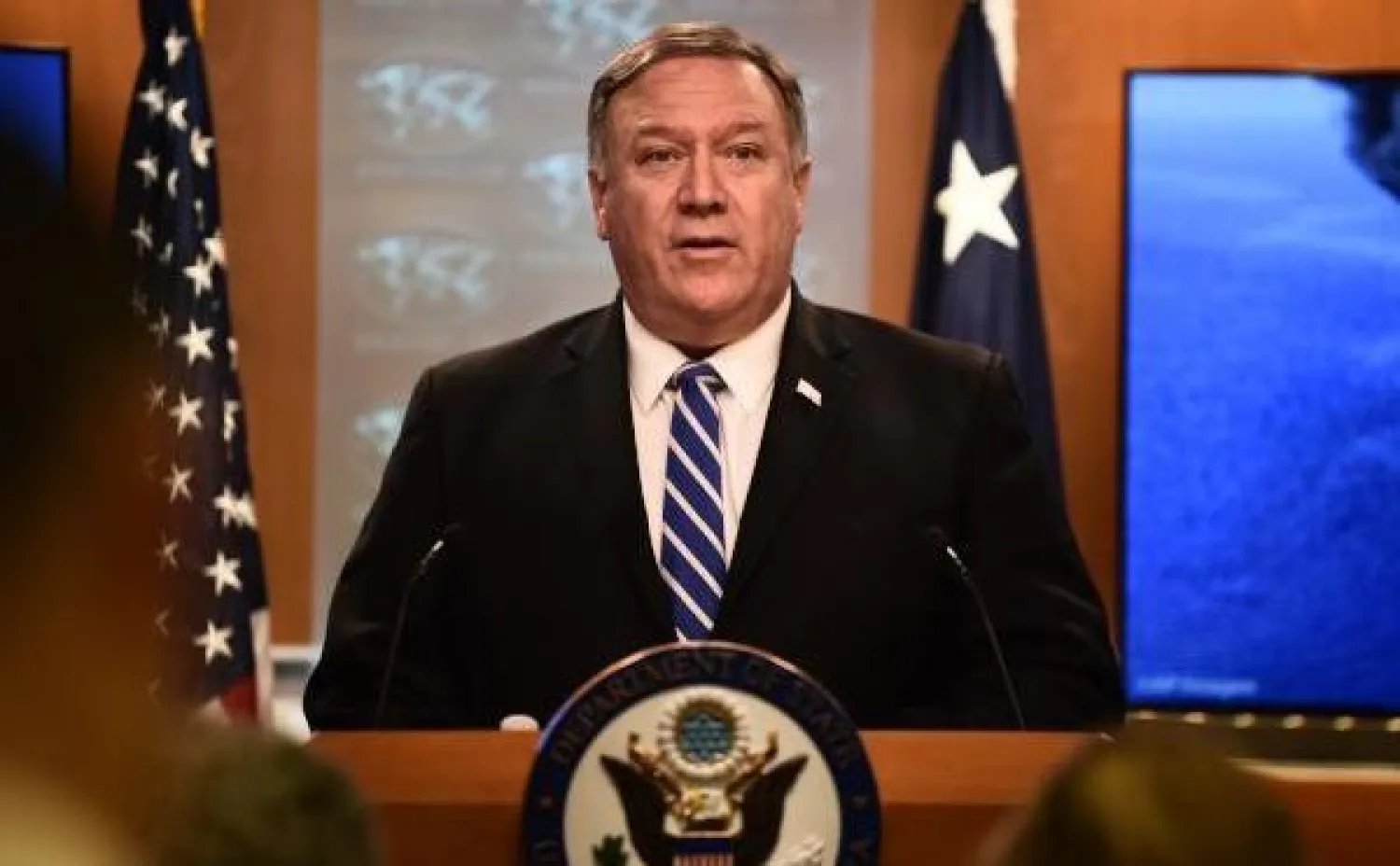 وزير الخارجية الأميركي مايك بومبيو خلال مؤتمر صحافي بواشنطن (أ.ف.ب)