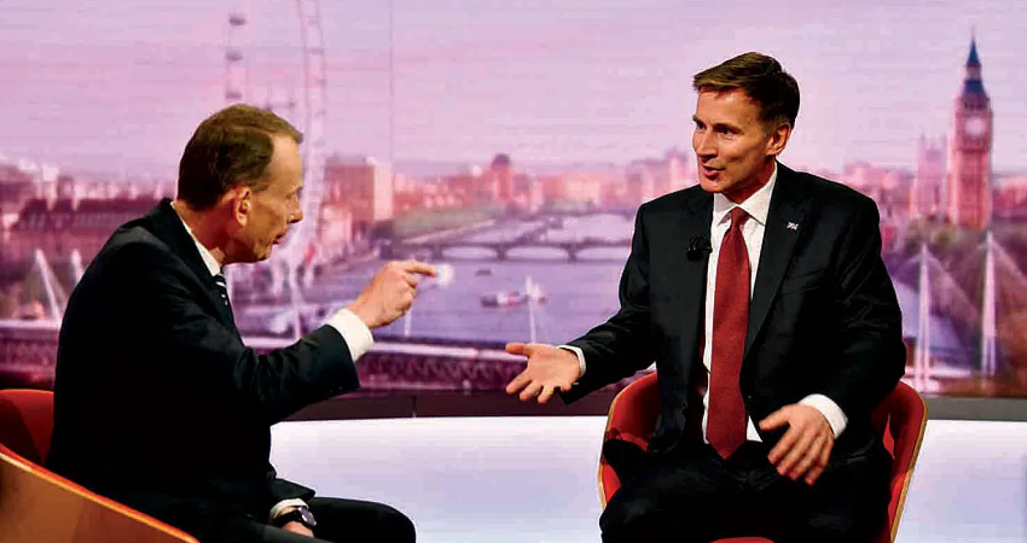 وزير الخارجية البريطاني جيريمي هانت خلال مقابلته مع «بي بي سي» أمس (رويترز) 