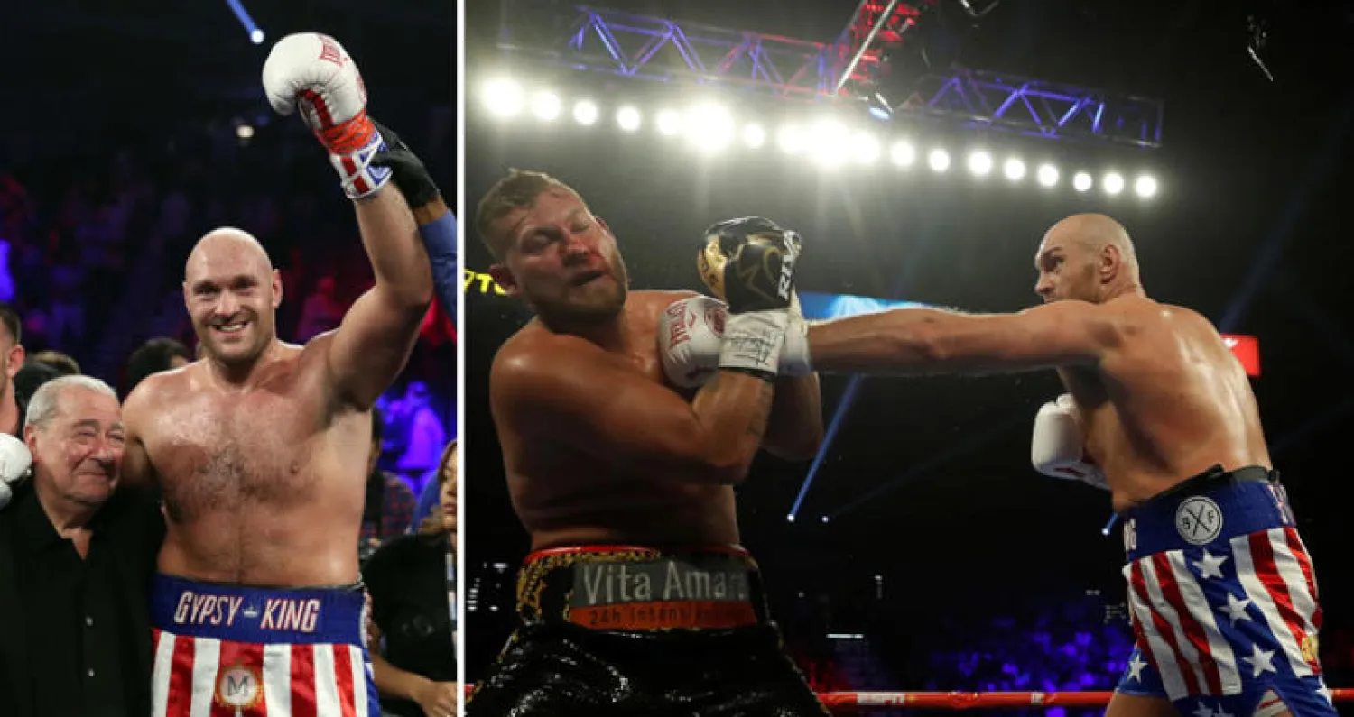 فيوري يوجه اللكمة القاضية لمنافسه الألماني (رويترز)  -  الحكم يعلن فوز فيوري على شفارتس بعد جولتين فقط (أ.ف.ب)